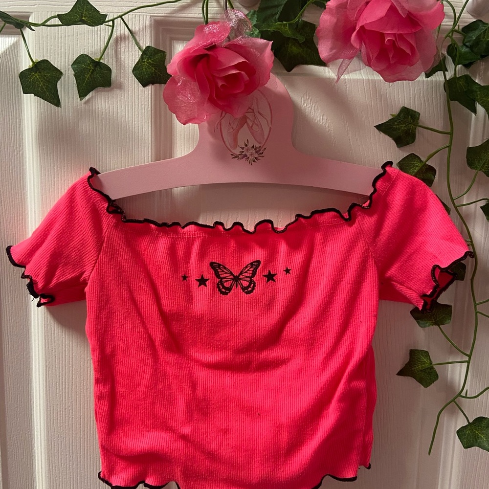 Pink Off-Shoulder Top with Butterfly Design
